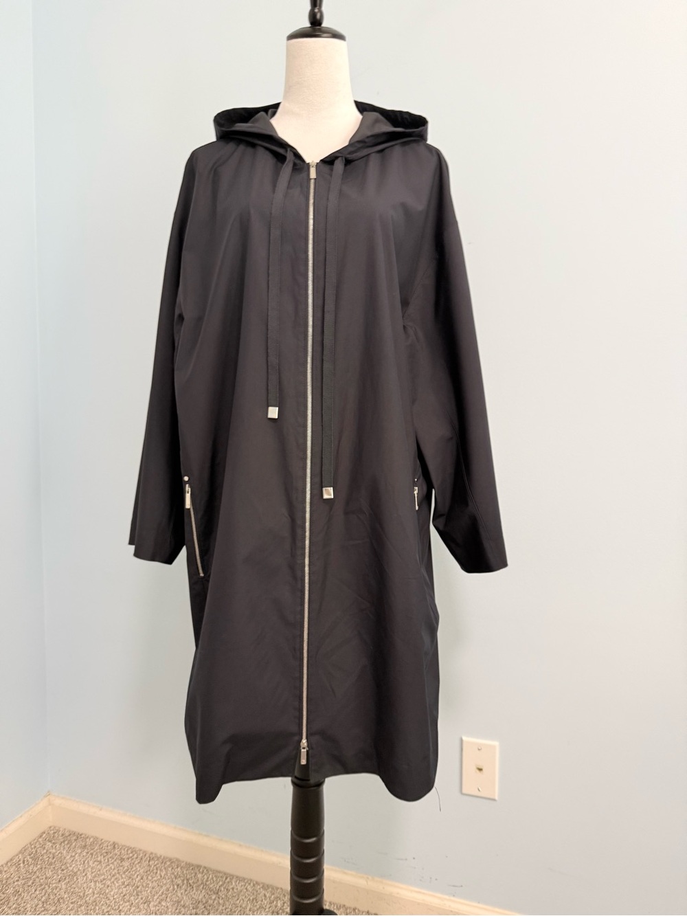 Lafayette 148 New York XXL Black 100% Silk Hooded Longline Zip Front Coat